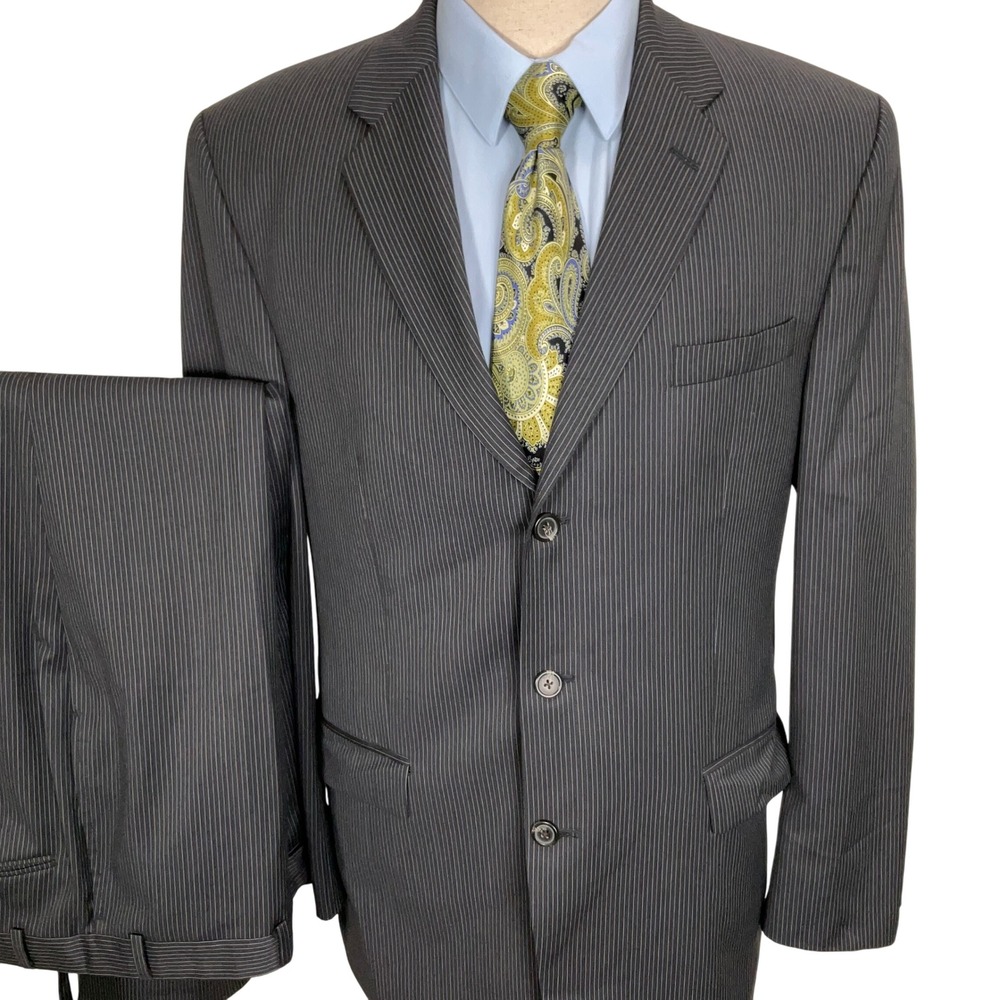 Chaps Suit Men 42L Charcoal Blue Pinstripe 3 Button Wool 2 Piece Business Formal